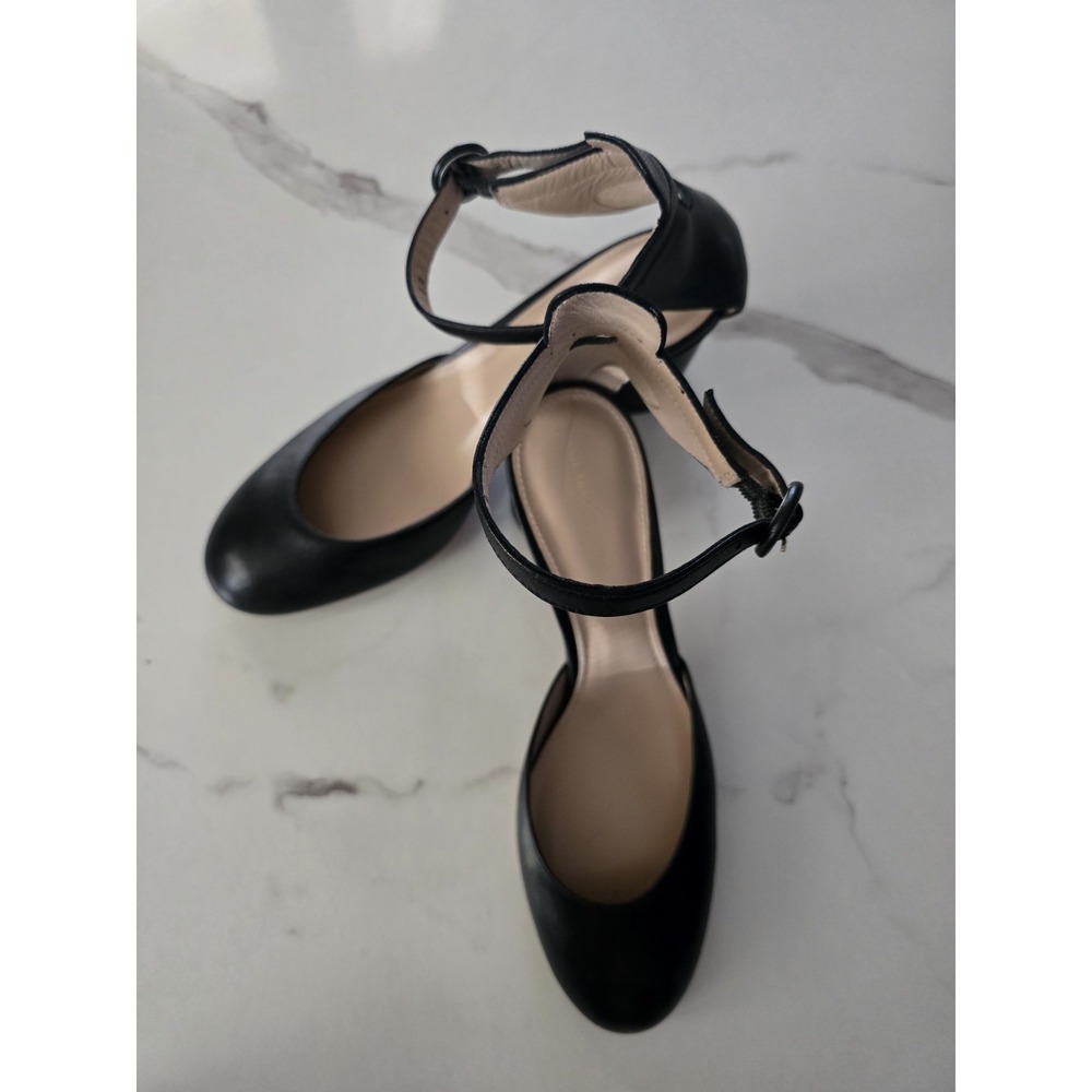 Stuart Weitzman Black Leather Round Toe Ankle Strap Block Heel Pumps Women's 38